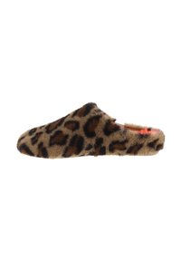Leopardskinnade, mjuka tofflor med rund tå, mjukt material och öppen baksida. Färgerna inkluderar nyanser av brunt och svart.