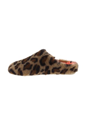 Leopard print fuzzy slide slipper featuring a rounded toe, soft texture, and an open back design. Color includes shades of brown and black.