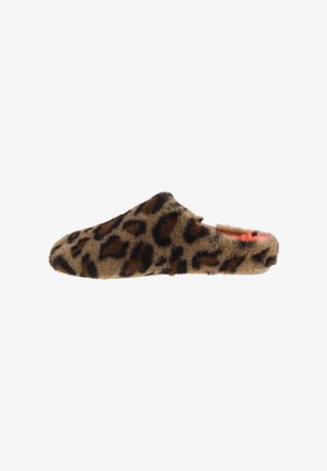 Ciabatta in pelliccia con stampa leopardata, caratterizzata da una punta arrotondata, una texture morbida e un design aperto sul retro. I colori includono tonalità di marrone e nero.