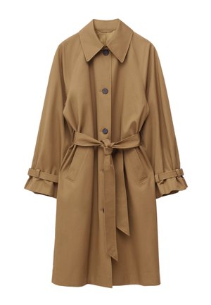 Brauner Trenchcoat mit Gürtel, langen Ärmeln, großem Kragen und Knopfverschluss. Verfügt über seitliche Taschen und gepolsterte Manschetten für eine verstellbare Passform.