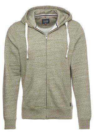 Lichtgrijze rits-hoodie gemaakt van gestructureerde stof. Voorzien van een trekkoordkap, twee voorzakken en ribgebreide manchetten. Merklabel zichtbaar aan de binnenkant.