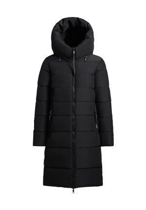 Mustapufferooppero, jossa on korkea, kerätty huppu, edessä vetoketju ja kaksi sivutaskua. Varustettu vaakasuoralla tikkaustekniikalla eristystä varten.