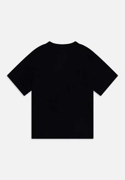 Black cotton t-shirt, short sleeves, crew neck, solid color, smooth texture, no patterns or graphics, designed for a classic fit.