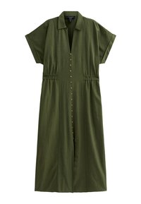 Olivgrünes Knopfhemdkleid mit kurzen Ärmeln und elastischem Bund. Verfügt über einen Kragen und dekorative braune Knöpfe entlang der Vorderseite.