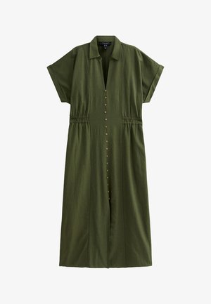 Olive green button-up dress with short sleeves and an elastic waist. Features a collar and decorative brown buttons along the front.