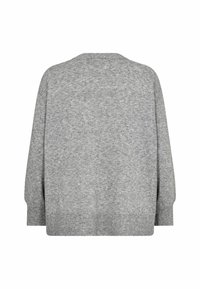 Pull en maille grise avec une coupe décontractée, col rond et ourlet côtelé. La vue de dos montre une texture douce avec de subtils éclats tout au long.