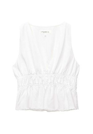 Top alb fără mâneci, cu decolteu adânc în V, talie elastică strânsă și margine desfăcută. Fabricat dintr-un material ușor, texturat.