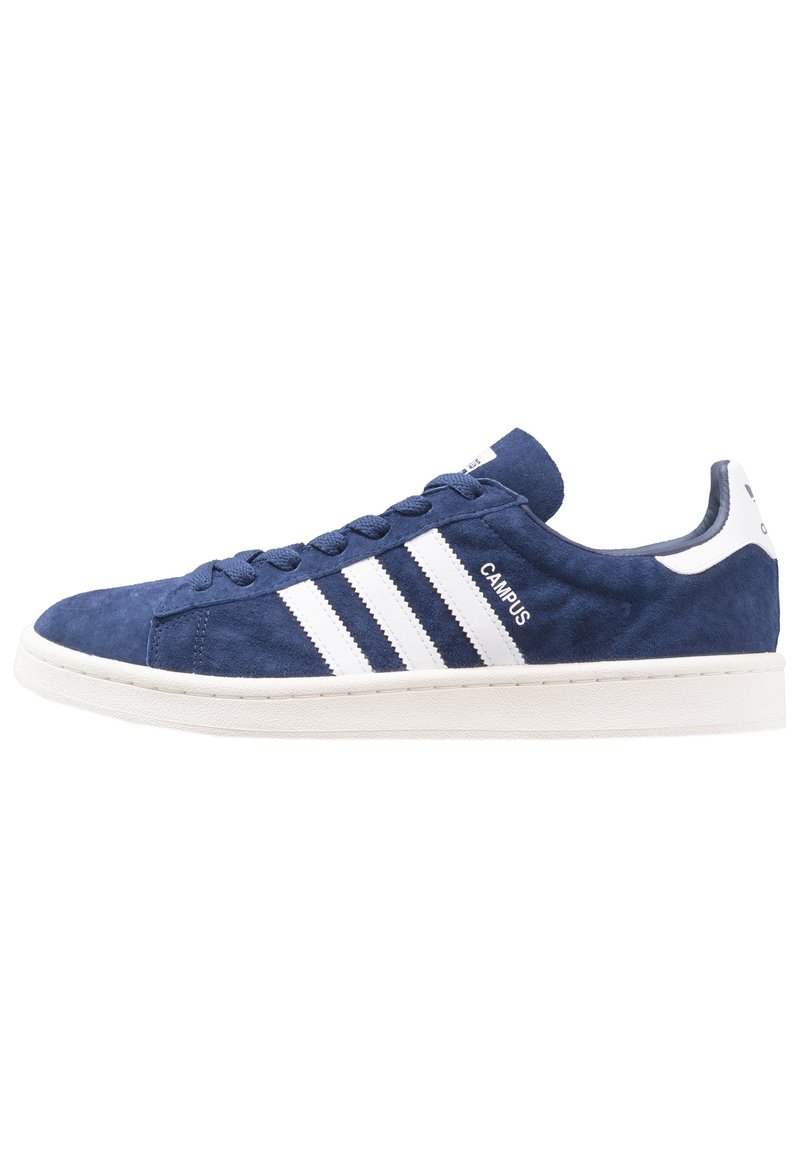 Navy blue suede sneaker with white three-stripe design, round toe, and white rubber sole. Features 'CAMPUS' branding on the side.