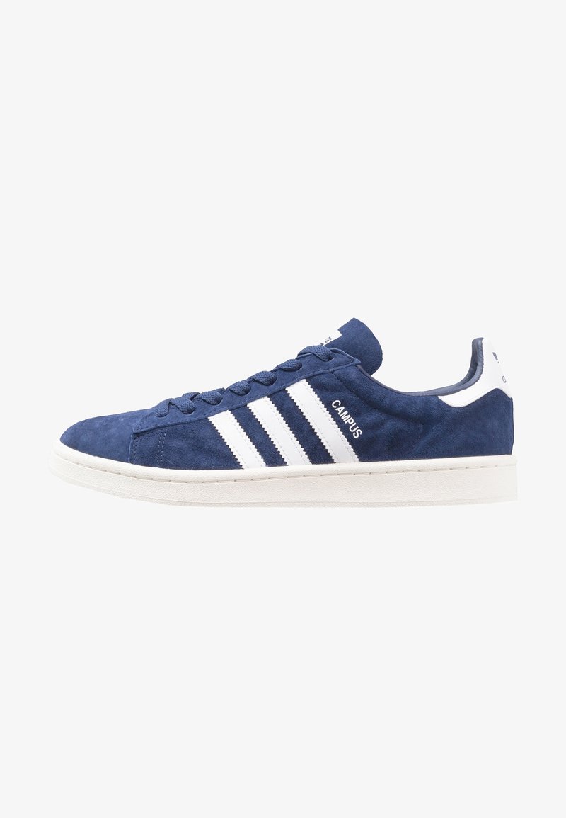 Navy blue suede sneaker with white three-stripe design, round toe, and white rubber sole. Features 'CAMPUS' branding on the side.