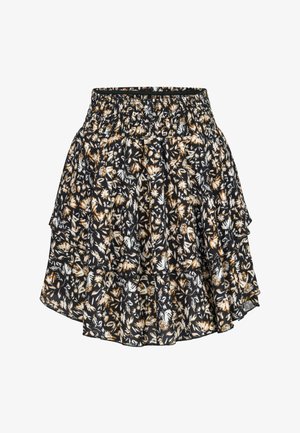 Fekete virágmintás szoknya réteges kialakítással. Fehér és rozsdabarna virágokkal, rugalmas derékrésszel és légies textúrával rendelkezik.