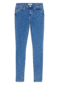 Jeans ajustados de mezclilla azul claro, con una cintura alta, cinco bolsillos y un cierre de botón clásico con detalles de costura en contraste.