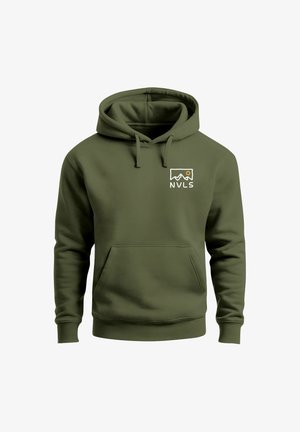 Olive green hoodie made of soft material, featuring a kangaroo pocket and a white logo with mountain graphics on the left chest.