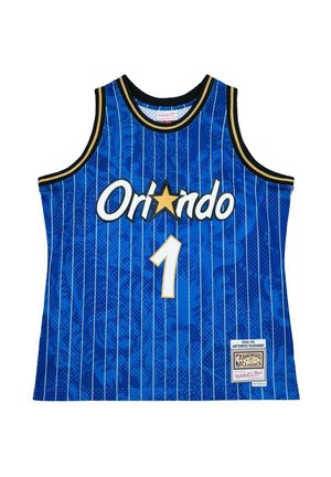 Maglia da basket blu di Orlando con sottili righe bianche, numero 1 in bianco e oro, stella al posto della "a" e etichetta in basso a destra.