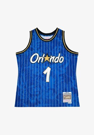 Maglia da basket blu di Orlando con sottili righe bianche, numero 1 in bianco e oro, stella al posto della "a" e etichetta in basso a destra.