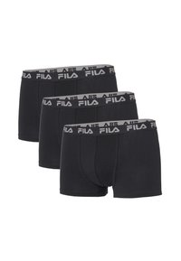Τρία μαύρα μπόξερ Fila με γκρι ελαστικές ζώνες μέσης που φέρουν το λευκό λογότυπο Fila, τοποθετημένα σε εναλλασσόμενη σειρά.