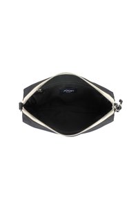 Black fabric pouch with silver zipper closure, featuring an unlined interior and a label displaying "JOOP! JEANS" inside.