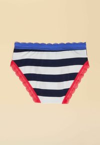 Gestreifte Baumwollslip in Marineblau und Weiß mit roten und blauen gewellten Spitze-Details am Bund und den Beinöffnungen.