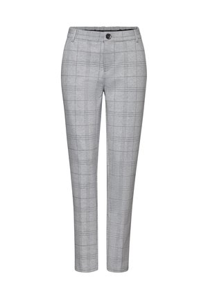 Pantalon slim gris avec un motif à carreaux subtil, fermeture par bouton et passants de ceinture sur fond blanc.