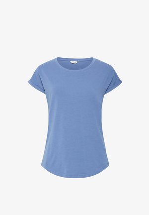 Hellblaues T-Shirt mit kurzen Ärmeln, rundem Halsausschnitt und abgerundetem Saum. Hergestellt aus weichem Stoff mit glatter Textur und ohne Muster.