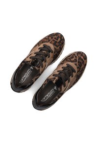 Brown leopard print sneakers with black accents, featuring lace-up closure, soft fabric upper, and a textured sole. Branding visible inside.