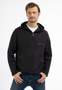 Giacca leggera nera a pullover con tasca anteriore con zip, cappuccio regolabile e una texture elegante e liscia.