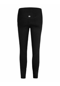 Leggings negros hechos de material elástico, con una cinturilla alta, diseño sin costuras y acentos de costura curvados en los lados.