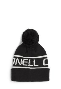 Black knit beanie with a round pom-pom on top and white logo band around the middle. Soft texture with a folded cuff for adjustable fit.