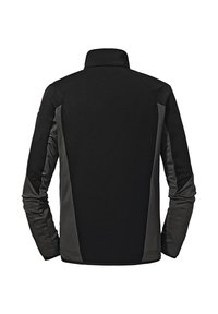 Schwarze und graue Fleecejacke mit hohem Kragen, Raglanärmeln und glatter Textur. Die Rückansicht zeigt das Design mit Kontrastpaneelen.