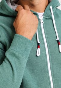 Sudadera verde con cremallera y forro interior gris. Presenta cordones blancos con acentos rojos y azules, y puños de canalé. Textura de tela suave.