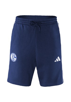 Granatowe szorty sportowe z elastycznym pasem, sznurkiem, białym logo Adidas na prawej nodze oraz emblematem klubu piłkarskiego Schalke 04 na lewej nodze.