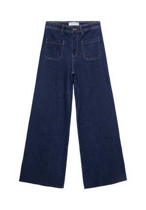 Jeans en denim à jambes larges de couleur bleu foncé, dotés d'une taille haute, de quatre poches et de détails de couture visibles. Texture lisse avec une coupe classique.