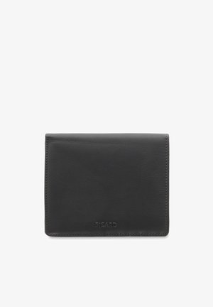 Zwarte leren portemonnee met "RICARD" in reliëf op de voorkant, rechthoekige vorm, gladde textuur, zichtbare stiksels langs de randen.