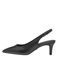Pump slingback in pelle nera con punta affusolata, tacco sottile e cinturino regolabile, caratterizzato da una texture liscia e un design minimalista.