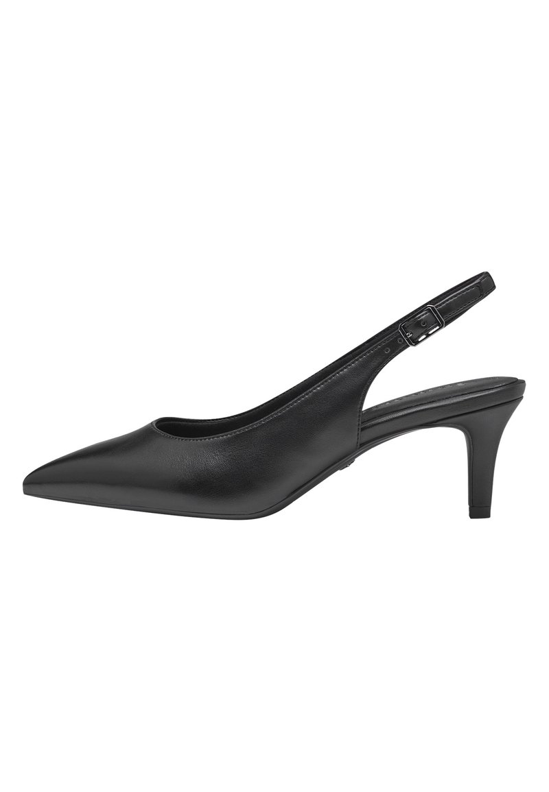 Pump slingback in pelle nera con punta affusolata, tacco sottile e cinturino regolabile, caratterizzato da una texture liscia e un design minimalista.