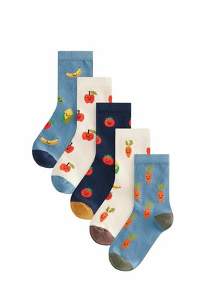 Set de cinci perechi de șosete din bumbac. Prezintă modele colorate cu fructe și legume. Culorile includ albastru, bleumarin, crem și maro.
