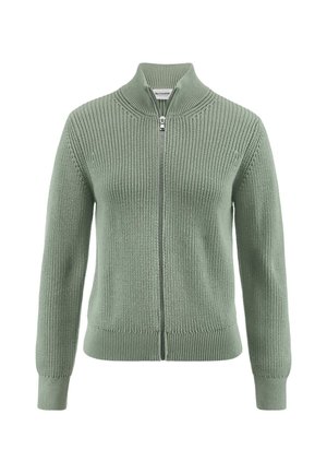 Maglione verde salvia lavorato a maglia con zip, collo alto, maniche lunghe e polsini e orlo a coste.