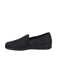 Black slip-on shoe featuring a textured upper with a herringbone pattern, elastic side panels, and a smooth rubber sole.