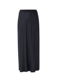 Černá sukýnka dlouhá až na zem, vyrobená z hladké, lehké látky. Má široký elastický pas pro pohodlí a splývavý střih.