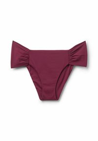 Bas de bikini en bourgogne profond, avec des volants sur les côtés pour plus de texture. Tissu lisse avec une coupe modérée, offrant un aspect sans couture.