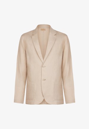 Beige Leinenblazer mit Schalkragen, zwei Knöpfen und zwei vorderen Taschen. Leichte Textur mit einem entspannten Schnitt.