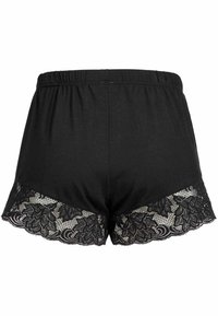 Zwarte korte broek gemaakt van zachte stof met een kantafwerking aan de onderkant, voorzien van een bloemenpatroon; elastische tailleband biedt comfort.