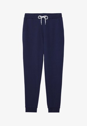 Pantalones de chándal azul marino fabricados con un tejido suave, que cuentan con una cintura elástica con cordón, bolsillos laterales y puños acanalados en los tobillos.