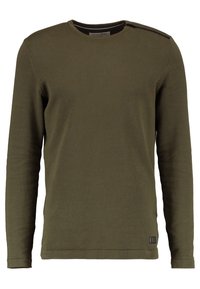Maglione a maniche lunghe verde oliva in maglia con scollo rotondo e dettaglio sulle spalle. Tessuto morbido e design aderente, con un piccolo logo sull'orlo.