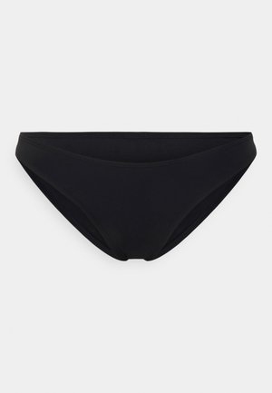 Black bikini bottom made from stretchy fabric, featuring a classic design with moderate coverage and smooth texture. No patterns or accents.