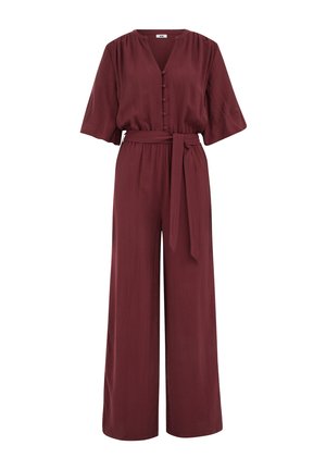 Bordeauxrode jumpsuit met brede pijpen, V-hals, met stof beklede knopen, losse driekwartmouwen, elastische taille en bijpassende stoffen riem.