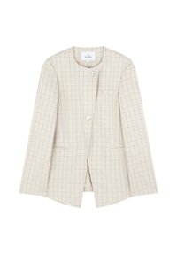 Béžový blazer s kostkovaným vzorem, zaobleným výstřihem, dvěma předními kapsami a jedním dekorativním knoflíkem. Hladká textura.