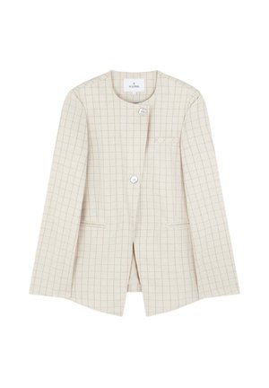Beige blazer with a checked pattern, featuring a rounded neckline, two front pockets, and a single decorative button. Smooth texture.