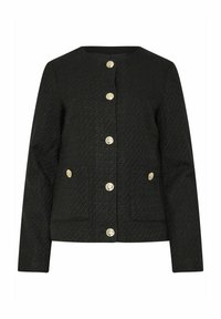 Mustavilla takilla, jossa on tekstuurinen kangas, pyöreä pääntie ja kultasävyiset nappi-yksityiskohdat. Takissa on etutaskut ja se on vartalonmyötäinen malli.