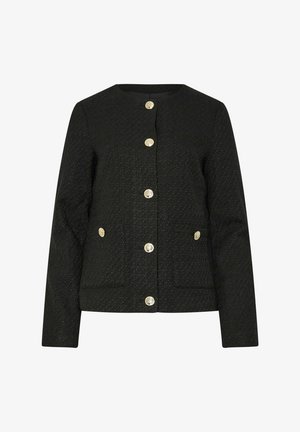 Schwarze Jacke aus strukturiertem Stoff, runder Ausschnitt und Details in goldfarbener Optik an den Knöpfen. Mit vorderen Taschen und einer taillierten Passform.