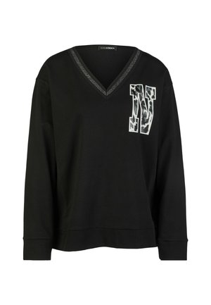 Schwarzer Sweatshirt mit langen Ärmeln und V-Ausschnitt, mit geripptem Saum und Bündchen, mit einem großen "N" Logo mit schwarz-weißem Camouflage-Muster auf der Brust.